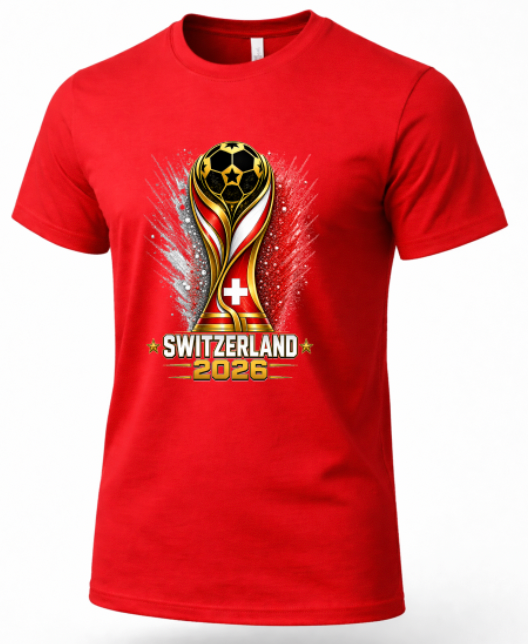 Red t-shirt with a World Cup trophy design featuring Switzerland and the year 2026 on a white background.