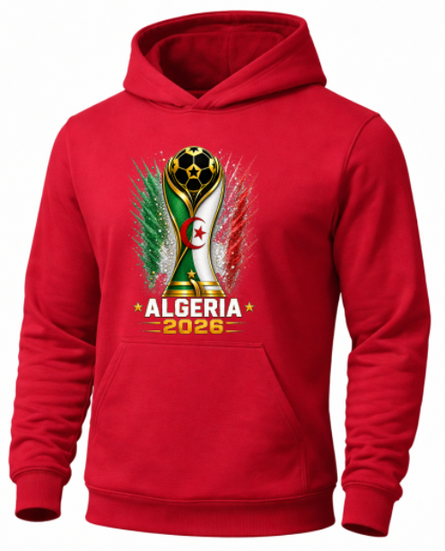 Red hoodie with Algeria 2026 design on a white background