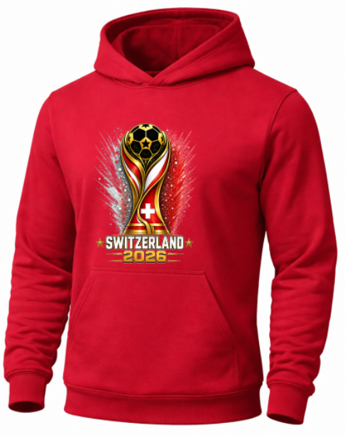 Red hoodie with a Switzerland 2026 World Cup design on a white background
