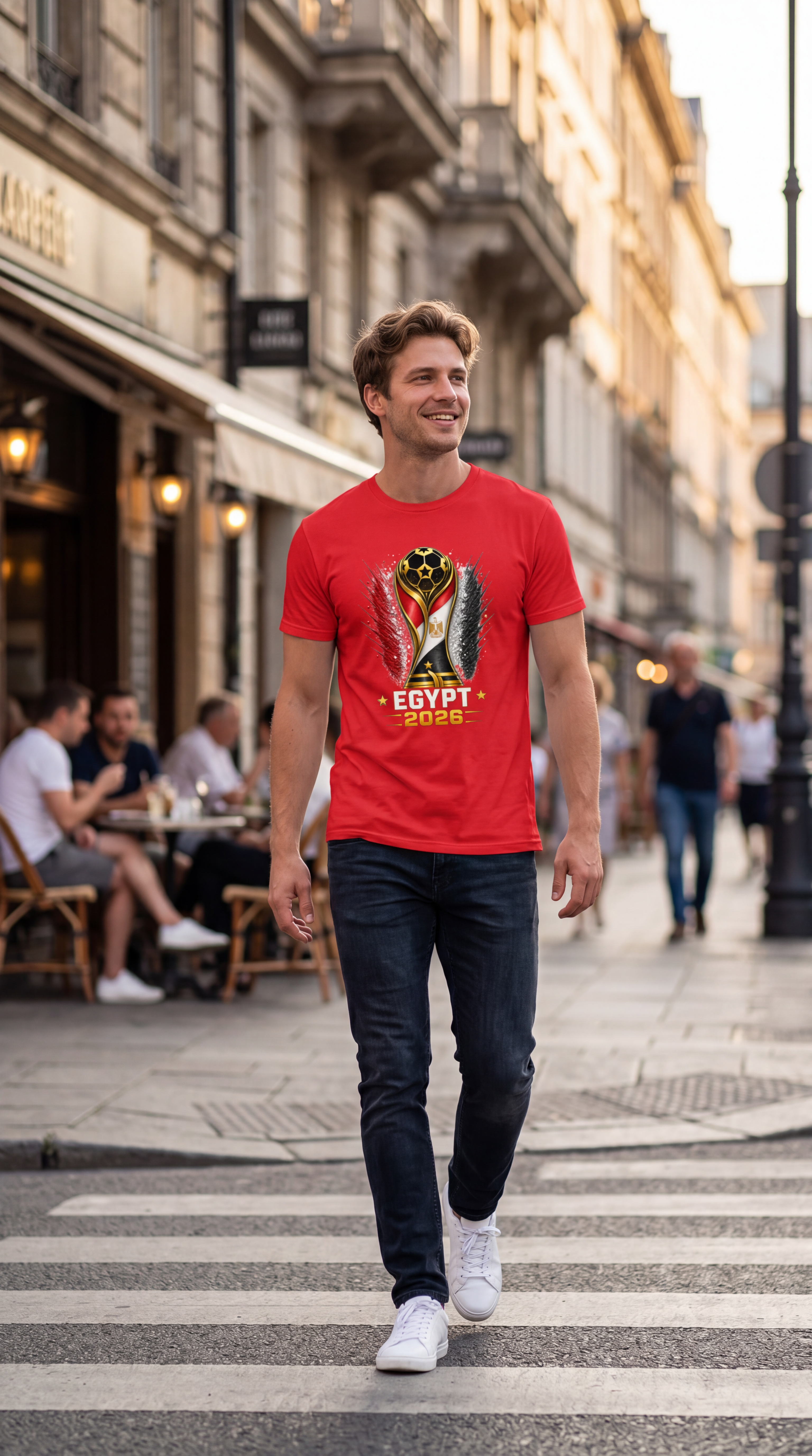Man wearing a red t-shirt with a graphic design walking on a city street.