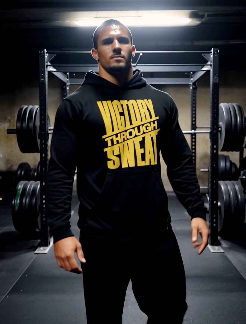 Man wearing black gym hoodie with “Victory Through Sweat” motivational fitness quote in weightlifting gym