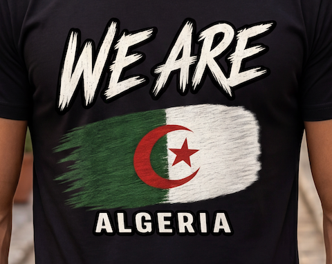 A close-up of a person wearing a black T-shirt with a distressed white 'WE ARE' text above an Algeria flag graphic and 'ALGERIA' text below.