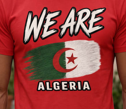 A close-up of a red short-sleeve t-shirt worn by a person, featuring a graphic print with the text 'WE ARE' and 'ALGERIA' and a stylized flag of Algeria.