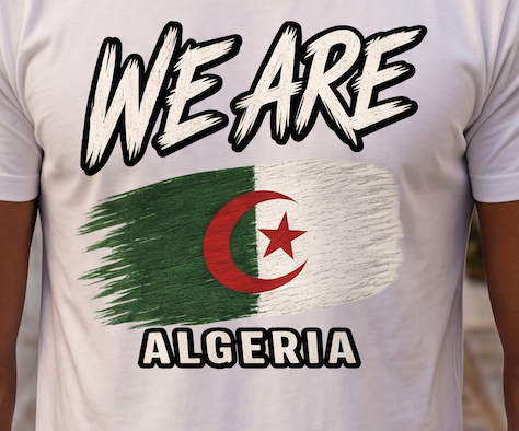 A close-up of a white short-sleeve t-shirt worn by a person, featuring a graphic print of the Algerian flag with a brushstroke effect and the words 'WE ARE' above and 'ALGERIA' below.