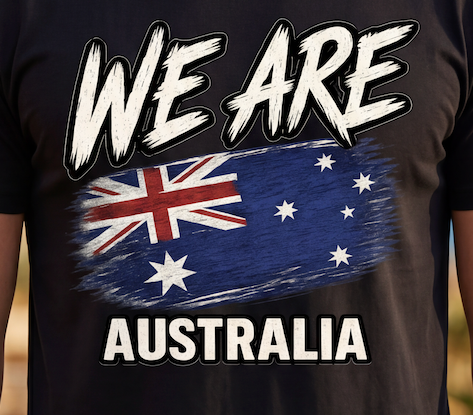 A close-up of a black t-shirt featuring a distressed graphic print with the text 'WE ARE AUSTRALIA' and a stylized Australian flag in the center.