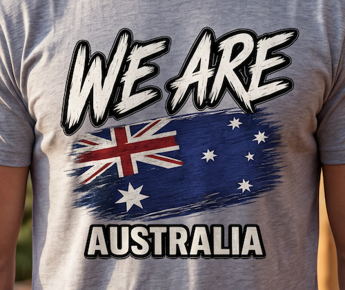 A close-up of a person wearing a heather gray t-shirt with a graphic print that reads 'WE ARE AUSTRALIA' above and below a stylized Australian flag.