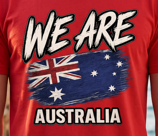 A close-up of a red t-shirt featuring a graphic print with the text 'WE ARE AUSTRALIA' and a distressed Australian flag design.