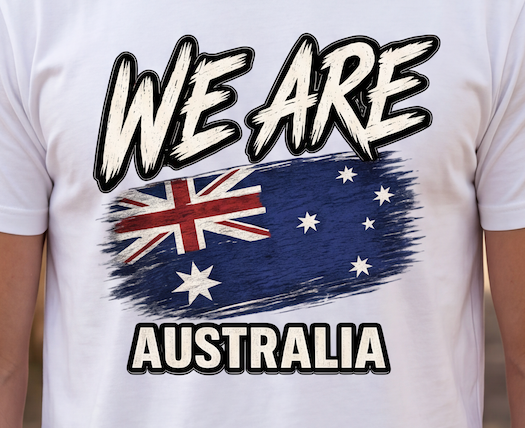 A close-up of a white short-sleeve t-shirt worn by a person, featuring a graphic print with the text 'WE ARE AUSTRALIA' and a distressed Australian flag design.