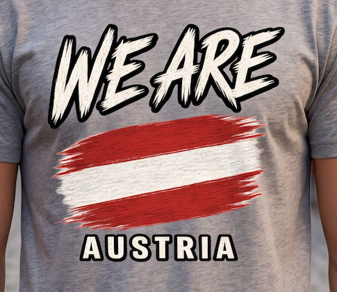 A close-up of a heather gray t-shirt featuring a graphic print with the text 'WE ARE' and 'AUSTRIA' surrounding a red and white striped flag design.