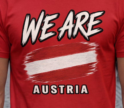 A red short-sleeve t-shirt featuring a graphic print with the text 'WE ARE' in a white brush-stroke style font, a red and white horizontal flag design in the center, and 'AUSTRIA' below in the same white font with black outline.