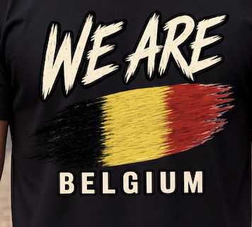 A close-up of a black t-shirt featuring a graphic design with the text 'WE ARE' in white brush-style lettering above a stylized Belgian flag in black, yellow, and red, with 'BELGIUM' printed below in white.