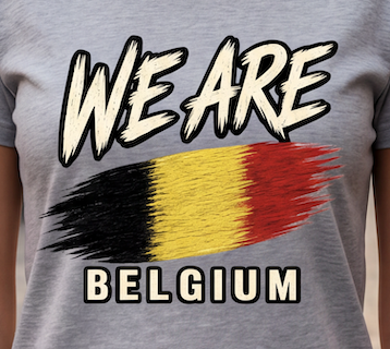 A close-up of a heather gray t-shirt featuring a graphic print that reads 'WE ARE BELGIUM' with a stylized Belgian flag in black, yellow, and red.