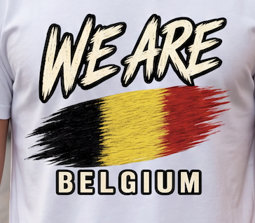 A close-up of a white t-shirt featuring a graphic print with the text 'WE ARE BELGIUM' and a stylized Belgian flag in black, yellow, and red.