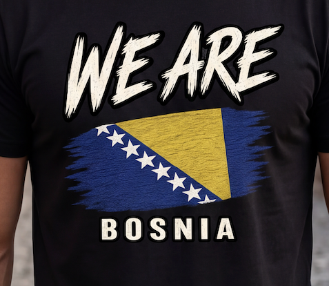 A close-up of a black t-shirt featuring a distressed graphic of the Bosnia and Herzegovina flag with the text 'WE ARE BOSNIA' in white.