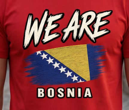 A close-up of a red t-shirt featuring a distressed graphic of the Bosnia and Herzegovina flag with the text 'WE ARE BOSNIA' in white with black outlines.