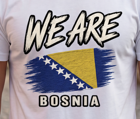White short-sleeve t-shirt featuring a graphic print with the text 'WE ARE' above the Bosnia and Herzegovina flag and 'BOSNIA' below, shown on a person.