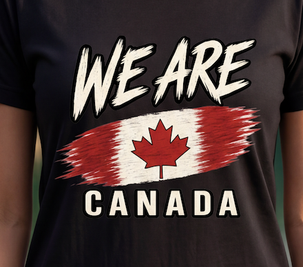 A close-up of a person wearing a black graphic T-shirt with the words “WE ARE” above a red and white Canadian flag design and “CANADA” below.
