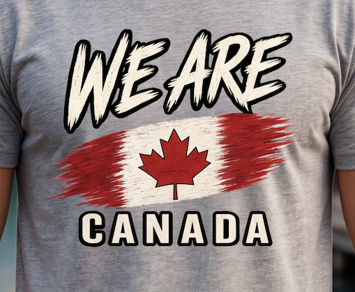 A close-up of a person wearing a heather gray t-shirt with a graphic print that reads 'WE ARE CANADA' featuring a red maple leaf on a distressed Canadian flag background.