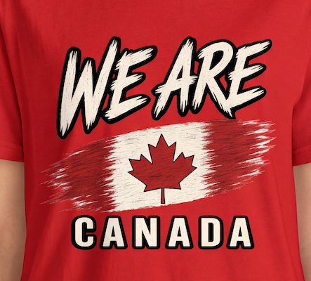 A close-up of a red short-sleeve t-shirt featuring a graphic print with the text 'WE ARE CANADA' and a stylized Canadian flag design.