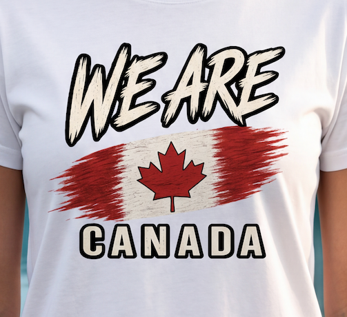 White short-sleeve T-shirt with a graphic print reading 'WE ARE' above a stylized Canadian flag and 'CANADA' below, shown on a person.