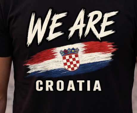 A close-up of a black t-shirt featuring a graphic print with the words 'WE ARE CROATIA' in white brush-style lettering, and a stylized Croatian flag and coat of arms in the center.