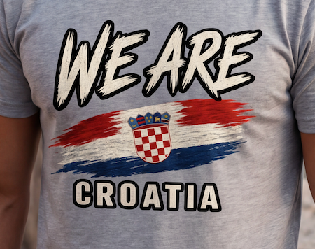 A close-up of a heather gray t-shirt featuring a graphic print with the text 'WE ARE CROATIA' and the Croatian flag and coat of arms.