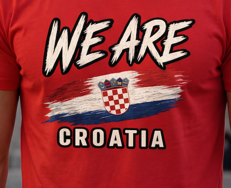 A close-up of a red t-shirt featuring a graphic print with the text 'WE ARE CROATIA' and the Croatian flag and coat of arms.
