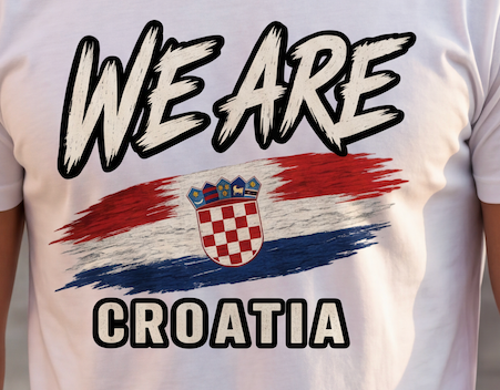 A close-up of a white short-sleeve t-shirt worn by a person, featuring a graphic print with the words 'WE ARE CROATIA' and a stylized Croatian flag and coat of arms.
