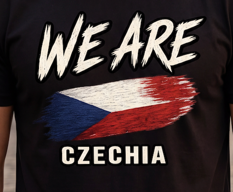 A close-up of a black t-shirt featuring a distressed graphic of the Czech Republic flag with the text 'WE ARE' above and 'CZECHIA' below in white.