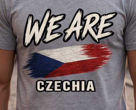 A close-up of a heather gray t-shirt featuring a graphic print with the text 'WE ARE' above a stylized Czech Republic flag and 'CZECHIA' below, worn by a person.