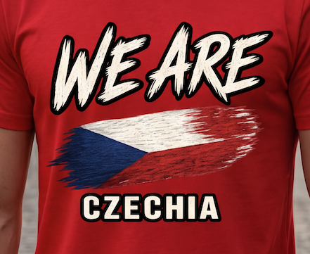 A close-up of a red t-shirt featuring a graphic print with the text 'WE ARE' and 'CZECHIA' in white with black outlines, and a stylized, distressed Czech flag in the center.
