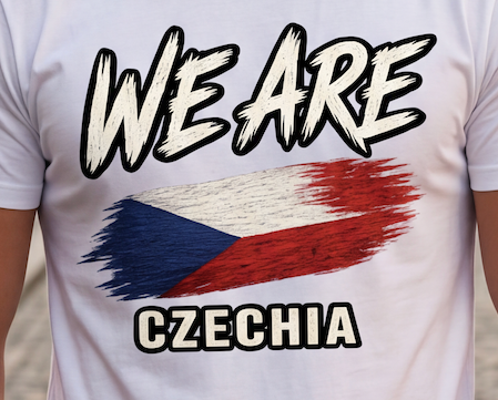A close-up of a white short-sleeve t-shirt worn by a person, featuring a graphic print with the text 'WE ARE' and 'CZECHIA' surrounding a stylized, textured Czech flag.