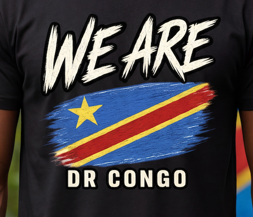 A close-up of a black t-shirt featuring a graphic print of the Democratic Republic of Congo flag in a brushstroke style, with the text 'WE ARE' above and 'DR CONGO' below in white.