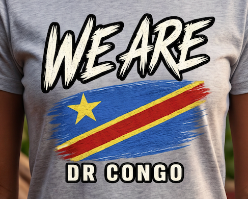 A close-up of a person wearing a heather gray t-shirt with a graphic print. The print features the text 'WE ARE' in a bold white brush font, followed by a stylized flag of the Democratic Republic of Congo with a blue background, red and yellow diagonal band, and a yellow star, and the text 'DR CONGO' below in the same white brush font.