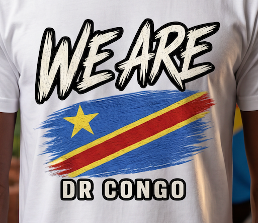 A close-up of a white graphic t-shirt featuring the text 'WE ARE DR CONGO' and a stylized flag of the Democratic Republic of Congo, worn by a person.