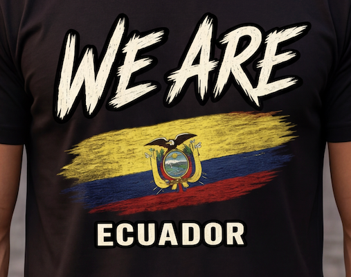A close-up of a black t-shirt featuring a distressed graphic print with the text 'WE ARE' at the top and 'ECUADOR' at the bottom, separated by a stylized Ecuador flag design in yellow, blue, and red.