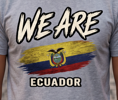 A close-up of a heather gray t-shirt featuring a graphic print with the text 'WE ARE' above the Ecuador flag and 'ECUADOR' below.