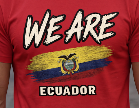 A close-up of a red short-sleeve t-shirt worn by a person, featuring a graphic print with the text 'WE ARE' above a stylized Ecuador flag and 'ECUADOR' below.