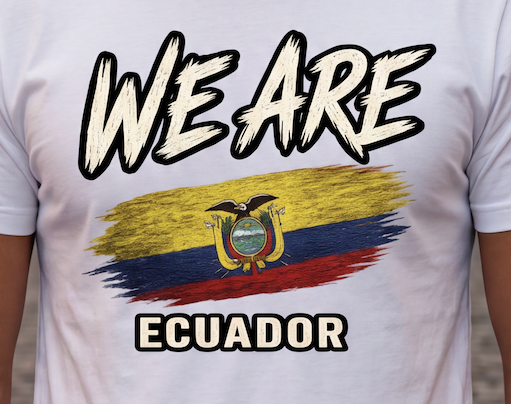 A close-up of a white t-shirt featuring a graphic print with the text 'WE ARE' and 'ECUADOR' surrounding a stylized, textured Ecuadorian flag.