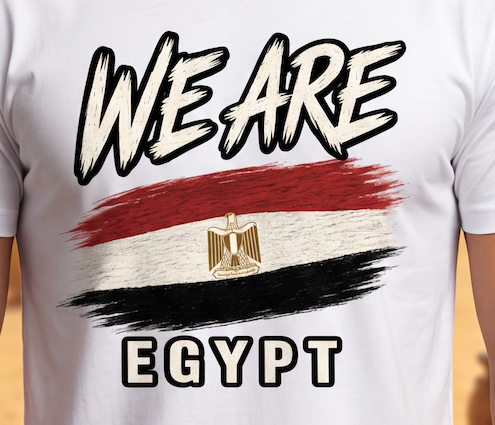White short-sleeve T-shirt with a large front graphic reading 'WE ARE EGYPT' and a stylized Egyptian flag design in red, white, and black with a gold eagle emblem.