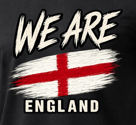 A close-up of a black graphic print featuring the words 'WE ARE' and 'ENGLAND' in white distressed lettering, with a red and white England flag design in the center.