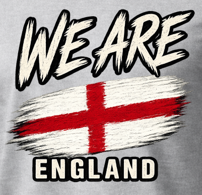 A close-up of a graphic print on a gray fabric surface, featuring the words 'WE ARE' above a distressed England flag and 'ENGLAND' below in white letters with black outlines.