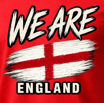 A close-up of a red graphic design featuring the words 'WE ARE' and 'ENGLAND' in bold white letters with black outlines, surrounding a distressed white flag with a red cross.