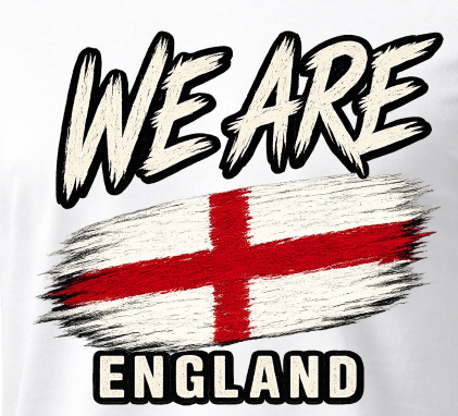 A close-up of a white graphic print featuring the words 'WE ARE' above a stylized English flag and 'ENGLAND' below, likely printed on a shirt or similar apparel item.