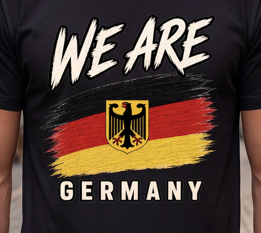 A close-up of a black t-shirt featuring a distressed graphic with the words 'WE ARE' and 'GERMANY' in white, surrounding a stylized German flag with the black eagle emblem.