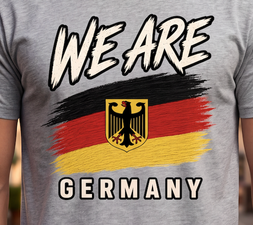 A close-up of a heather gray t-shirt featuring a graphic print with the text 'WE ARE' and 'GERMANY' in white with black outlines, and a stylized German flag with the black, red, and yellow stripes and central eagle emblem.