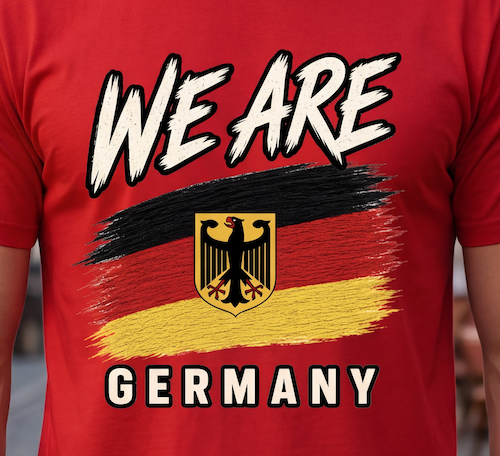 A close-up of a red short-sleeve T-shirt worn by a person, featuring a large front graphic with the words “WE ARE” above a stylized German flag and central eagle emblem, with “GERMANY” below.