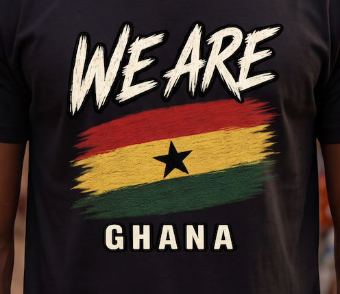 A close-up of a black t-shirt featuring a distressed white graphic that reads 'WE ARE' above a stylized Ghana flag and 'GHANA' below.