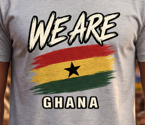 A close-up of a heather gray t-shirt featuring a graphic print with the words 'WE ARE GHANA' and a stylized Ghana flag in red, yellow, and green with a black star.