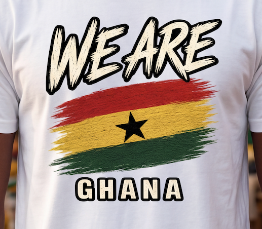 White short-sleeve t-shirt featuring a graphic print with the text 'WE ARE GHANA' and a stylized Ghana flag in red, yellow, and green with a black star.